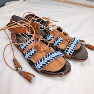 Pikolinos Maasai Project Brown Leather Beaded Ankle Tie Gladiator Sandals Spain